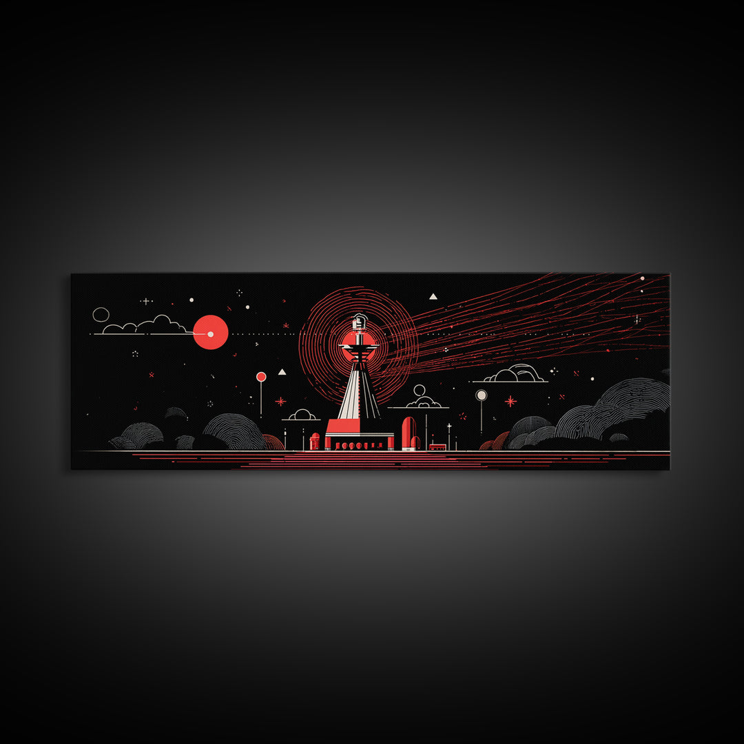Red Observatory Beacon Wall Art, Retro Sci Fi Space Poster, Mid Century Modern Atomic Radio Telescope Panoramic Canvas Print