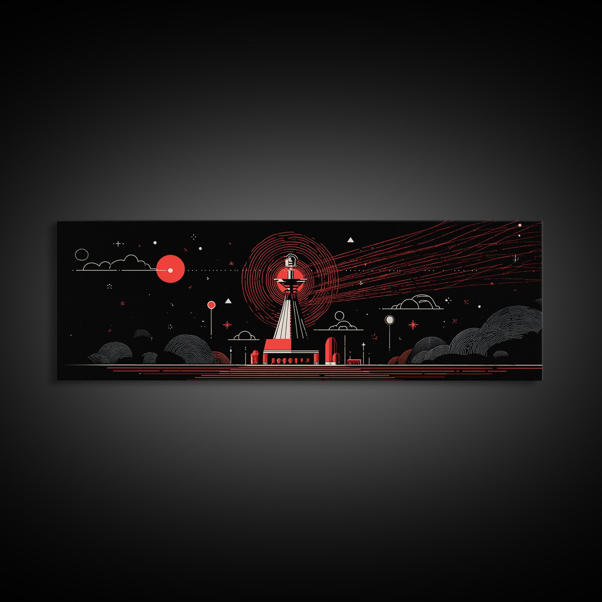 Red Observatory Beacon Wall Art, Retro Sci Fi Space Poster, Mid Century Modern Atomic Radio Telescope Panoramic Canvas Print