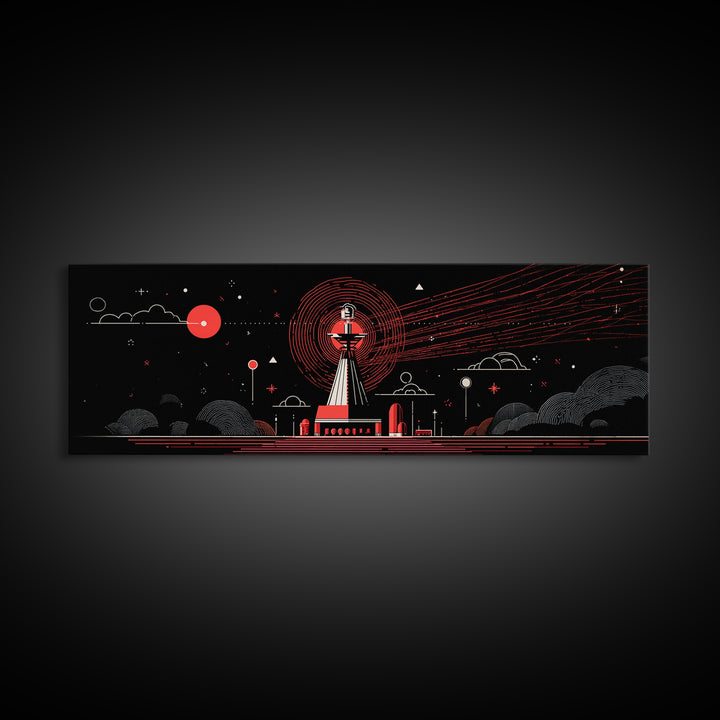 Red Observatory Beacon Wall Art, Retro Sci Fi Space Poster, Mid Century Modern Atomic Radio Telescope Panoramic Canvas Print