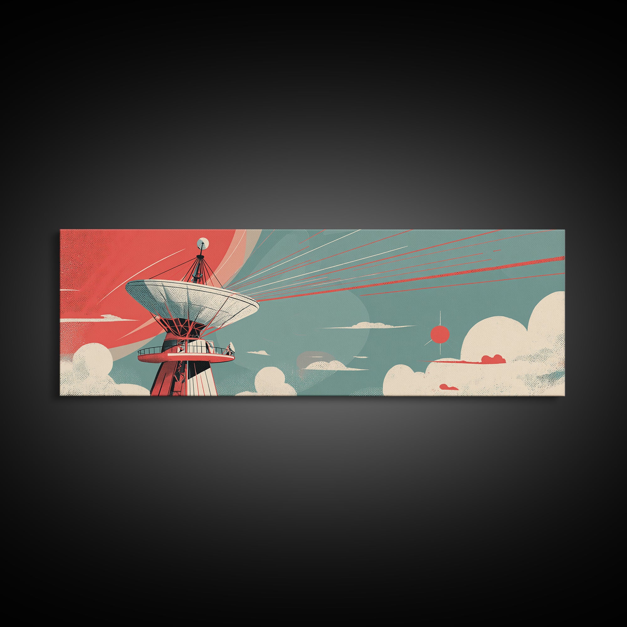 Coral Satellite Dish Sky Wall Art, Retro Sci Fi Observatory Poster, Mid Century Modern Atomic Space Decor, Panoramic Canvas Print