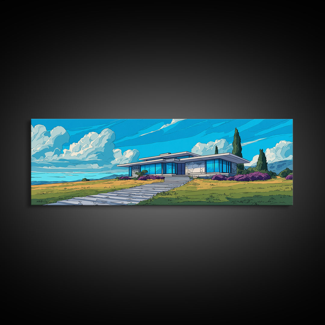 Blue Mid Century Ranch House Wall Art, Modern Architecture Poster, Palm Springs Decor, MCM Home Landscape Framed Canvas Print