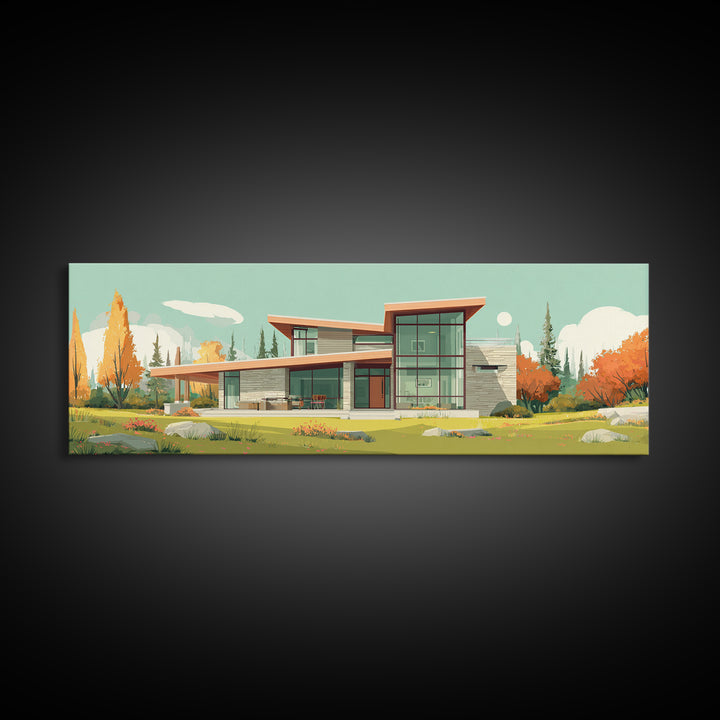 Autumn Glass Modern House Wall Art, Mid Century Modern Architecture Poster, Scandinavian Home Decor, Landscape Framed Canvas Print