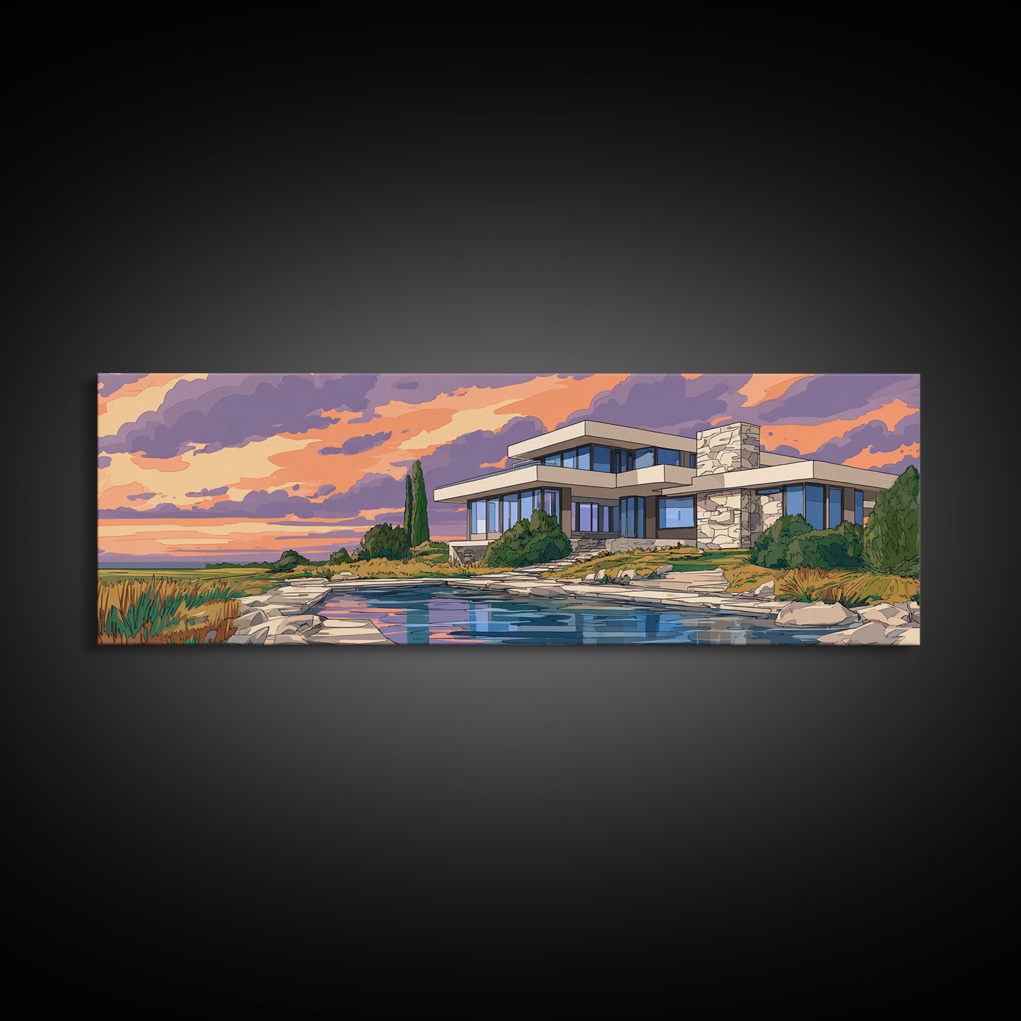 Lakeside Modernist Villa Wall Art, Sunset Mid Century Modern Architecture Poster, MCM Home Decor Scenic Framed Canvas Print