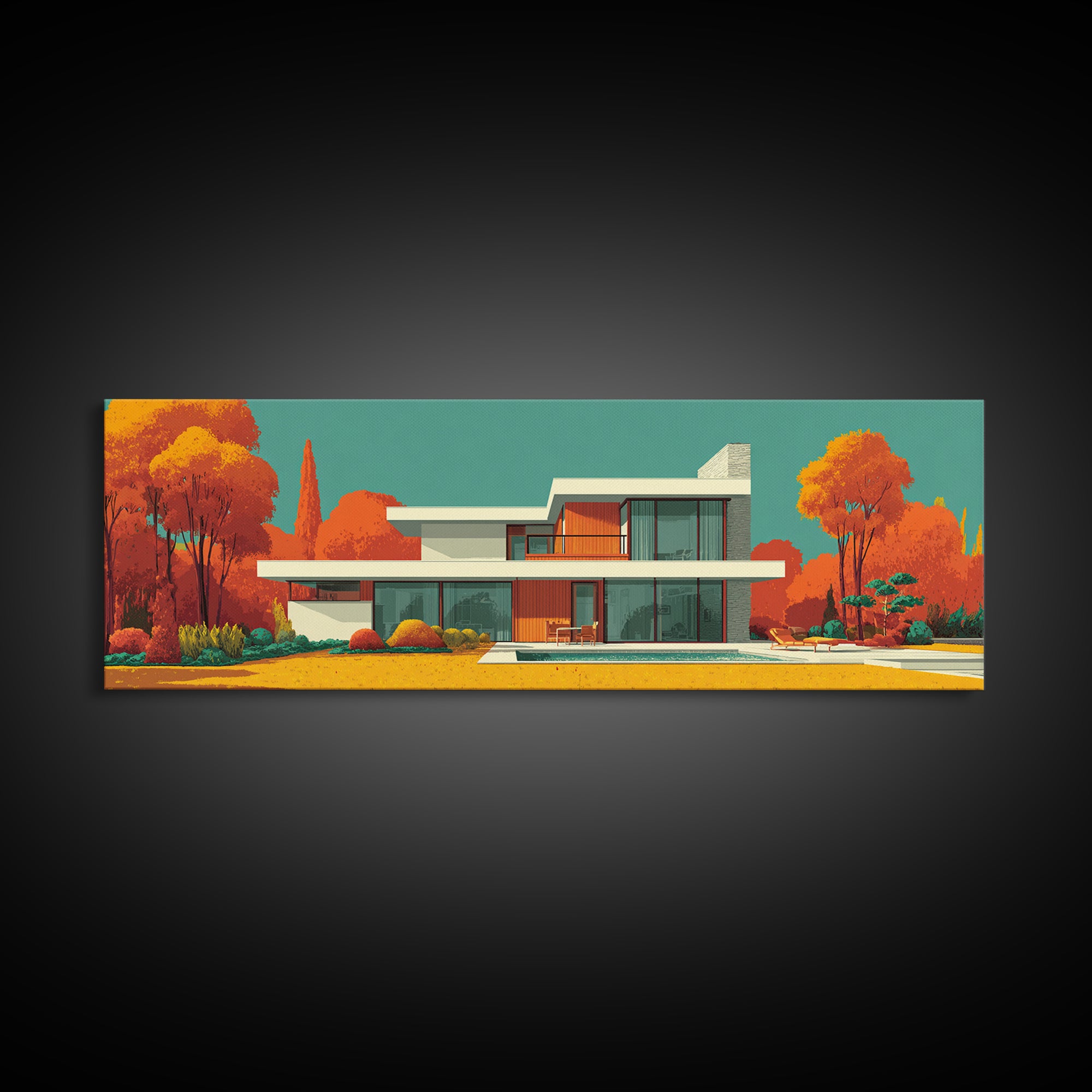 Orange Autumn Mid Century House Wall Art, Modern Architecture Poster, Retro Home Decor, Palm Springs Style Framed Canvas Print