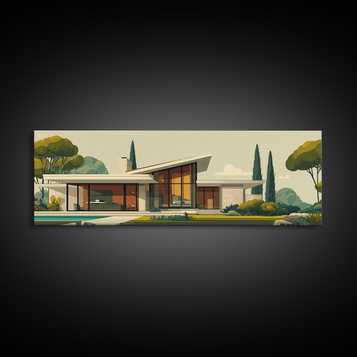 Angular Mid Century Modern House Wall Art, Retro Architecture Poster, Scandinavian Modern Home Decor Framed Canvas Print