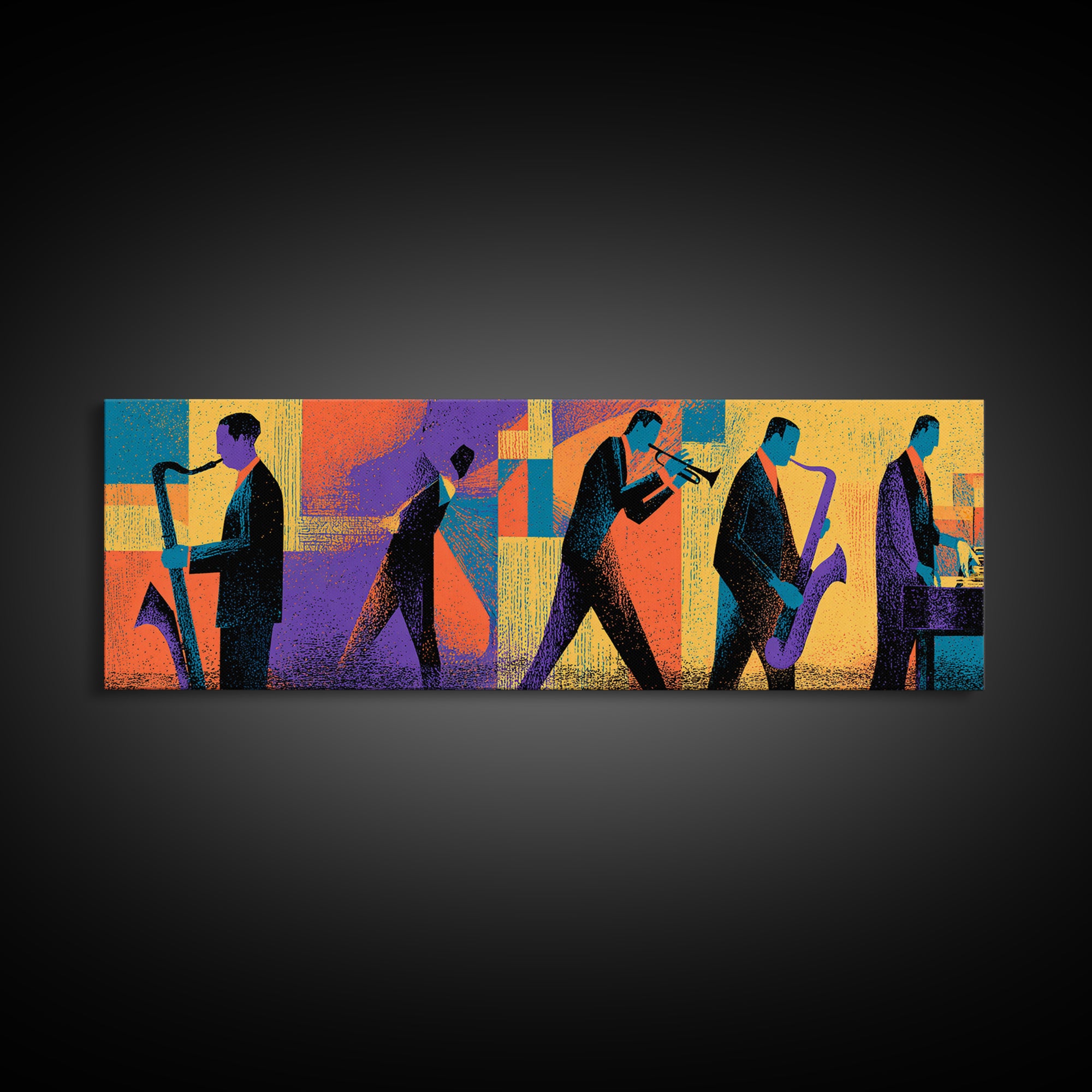 Graphic Jazz Musicians Canvas Print, Midcentury Modern Wall Art, Colorful Abstract Music Poster, Retro Home Office Decor