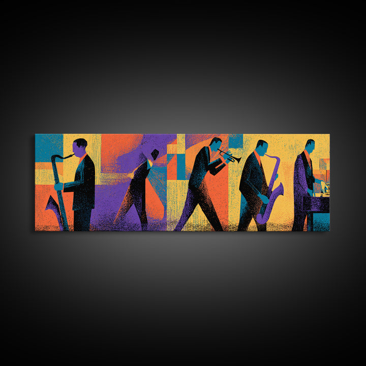 Graphic Jazz Musicians Canvas Print, Midcentury Modern Wall Art, Colorful Abstract Music Poster, Retro Home Office Decor