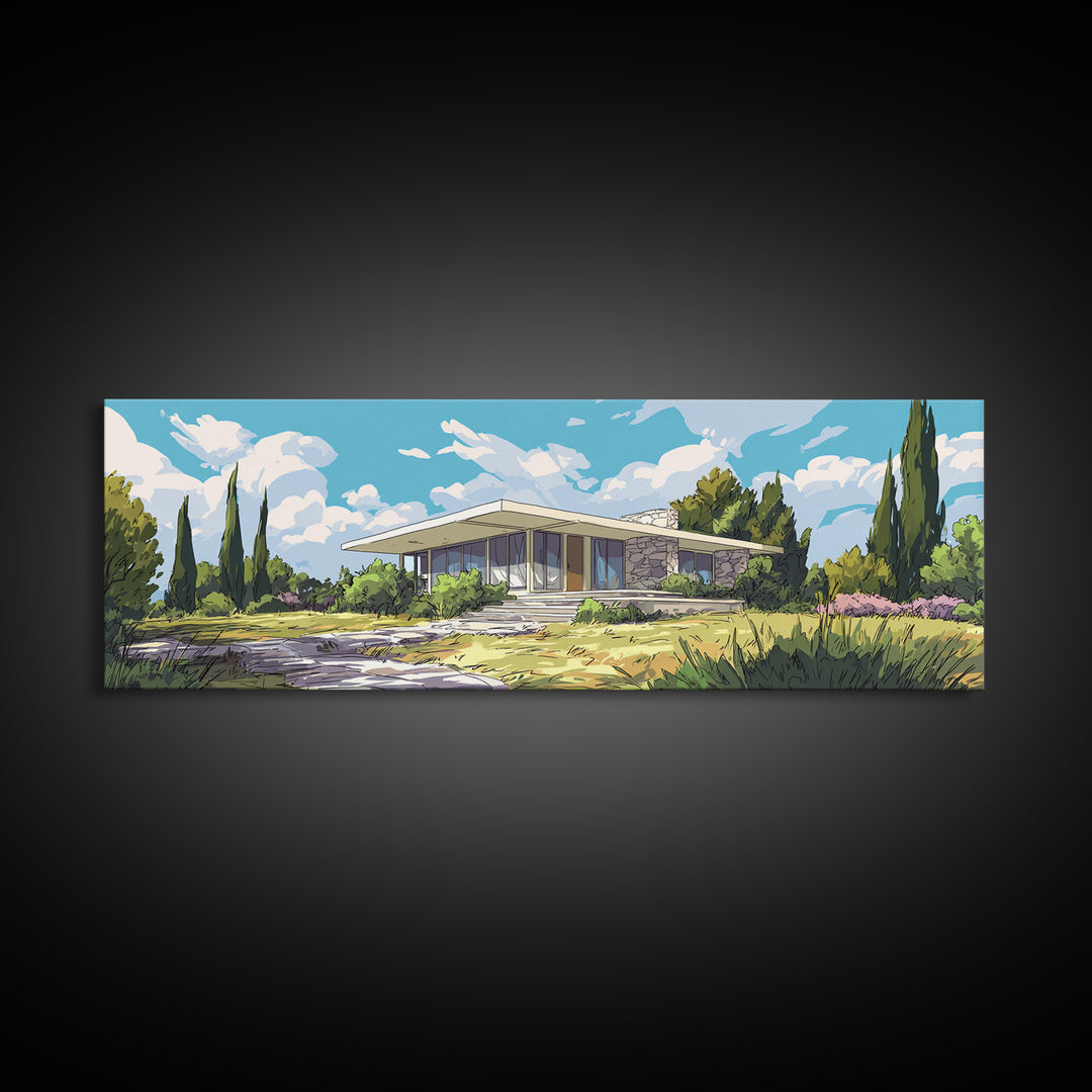 Modernist Garden Ranch House Wall Art, Mid Century Modern Architecture Poster, MCM Home Decor Landscape Framed Canvas Print