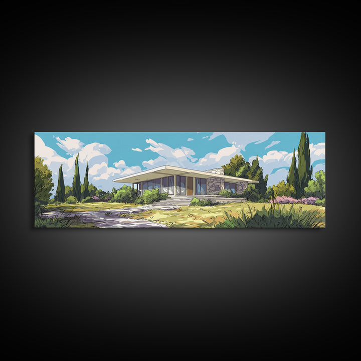 Modernist Garden Ranch House Wall Art, Mid Century Modern Architecture Poster, MCM Home Decor Landscape Framed Canvas Print