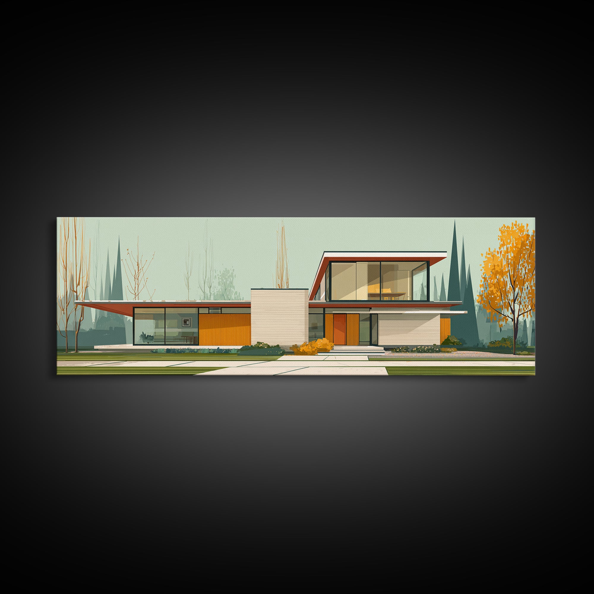Midcentury Glass House Autumn Landscape Wall Art, Modern Architecture Print, MCM Decor, Retro Home Decor, Large Canvas Print