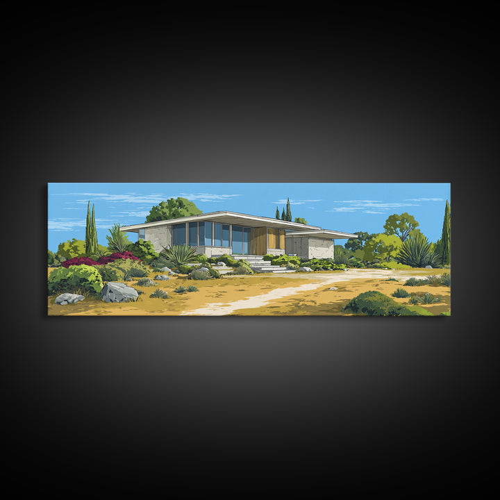 Desert Modern House With Garden Path Canvas Print, Midcentury Architecture Wall Decor, California Poster, MCM Home Art Print