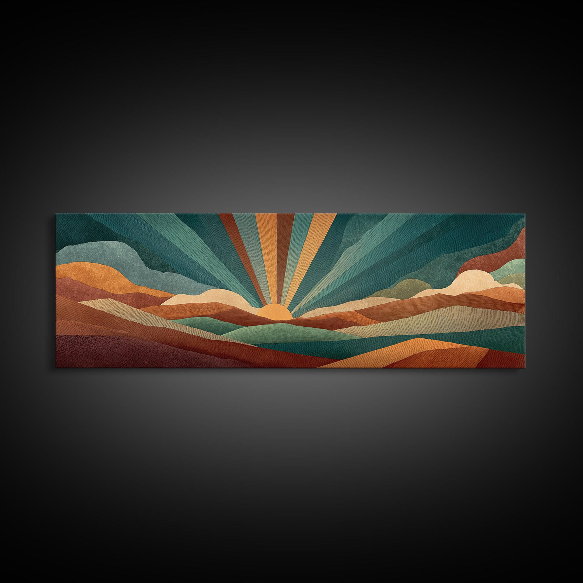 Teal And Burnt Orange Mountain Sunrise Canvas Print, Midcentury Abstract Wall Art, Modern Retro Decor, Boho Desert Poster