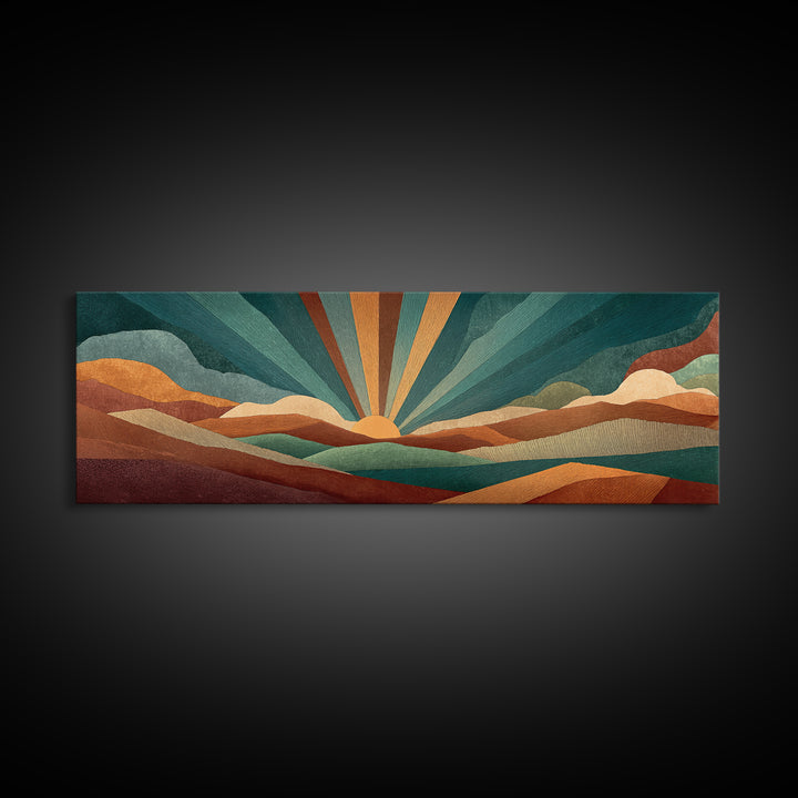 Teal And Burnt Orange Mountain Sunrise Canvas Print, Midcentury Abstract Wall Art, Modern Retro Decor, Boho Desert Poster