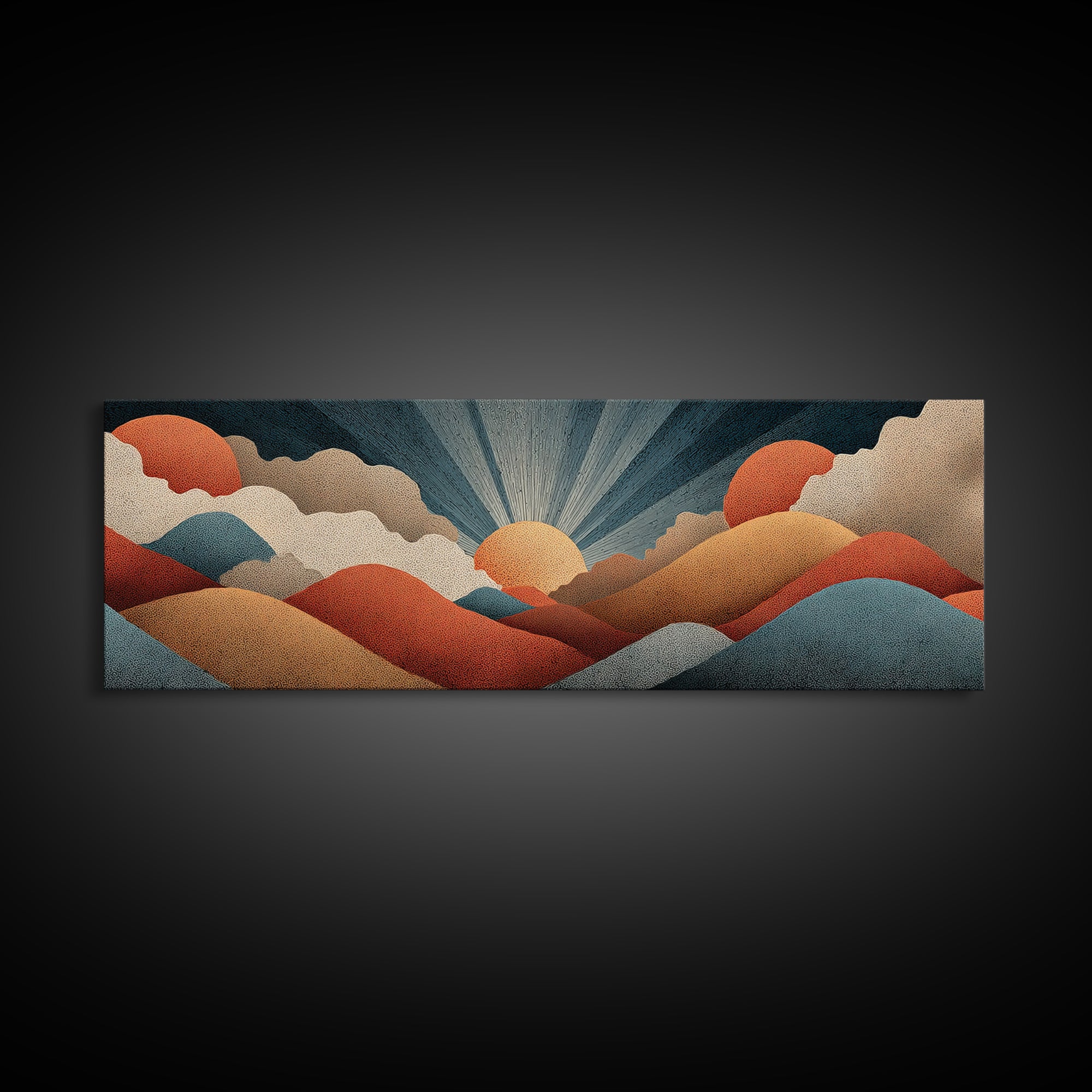 Textured Sun And Twin Clouds Over Rolling Hills Wall Art, Midcentury Modern Print, Retro Earth Tone Decor, Abstract Canvas