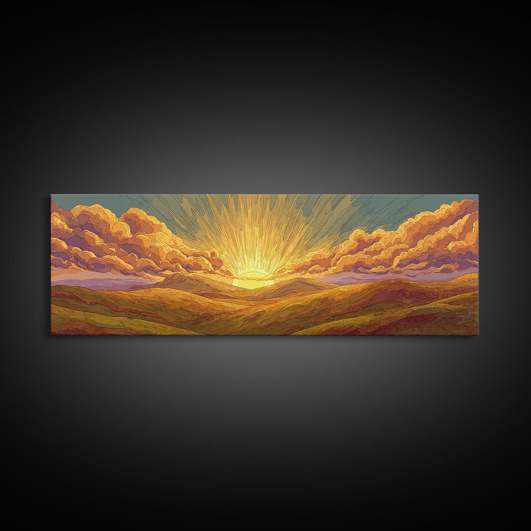 Golden Sunrise Over Desert Valley Framed Canvas Print, Retro Landscape Wall Art, Midcentury Modern Decor, Warm Boho Poster
