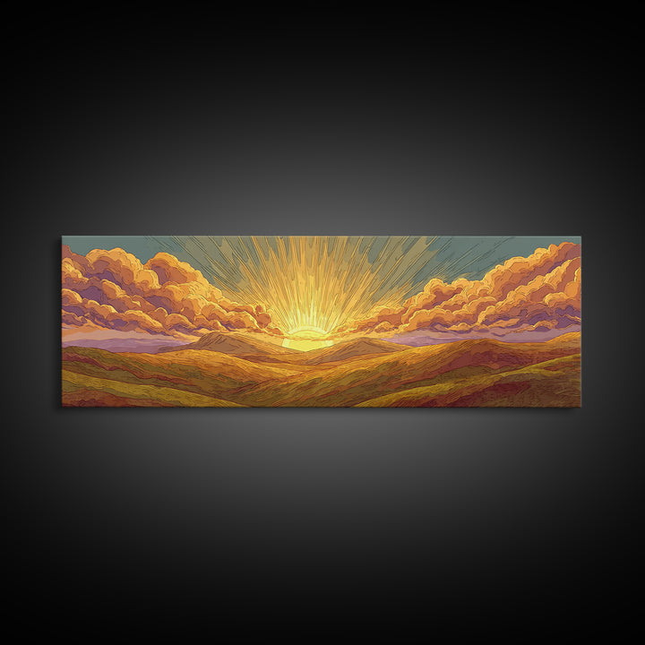 Golden Sunrise Over Desert Valley Framed Canvas Print, Retro Landscape Wall Art, Midcentury Modern Decor, Warm Boho Poster