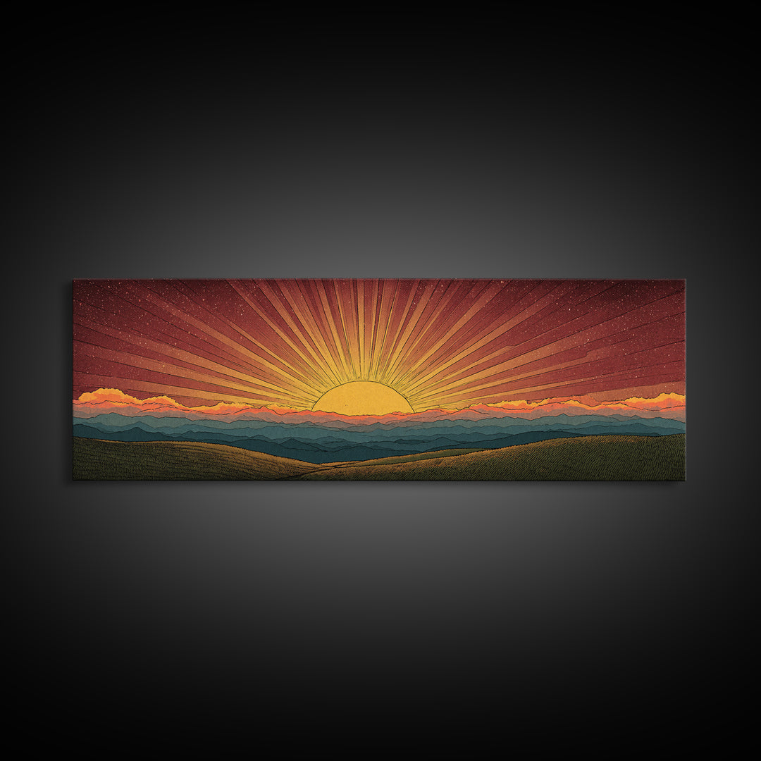 Radiant Orange Sunset Behind Blue Mountains Canvas Print, Midcentury Sun Wall Art, Retro Landscape Decor, MCM Home Poster