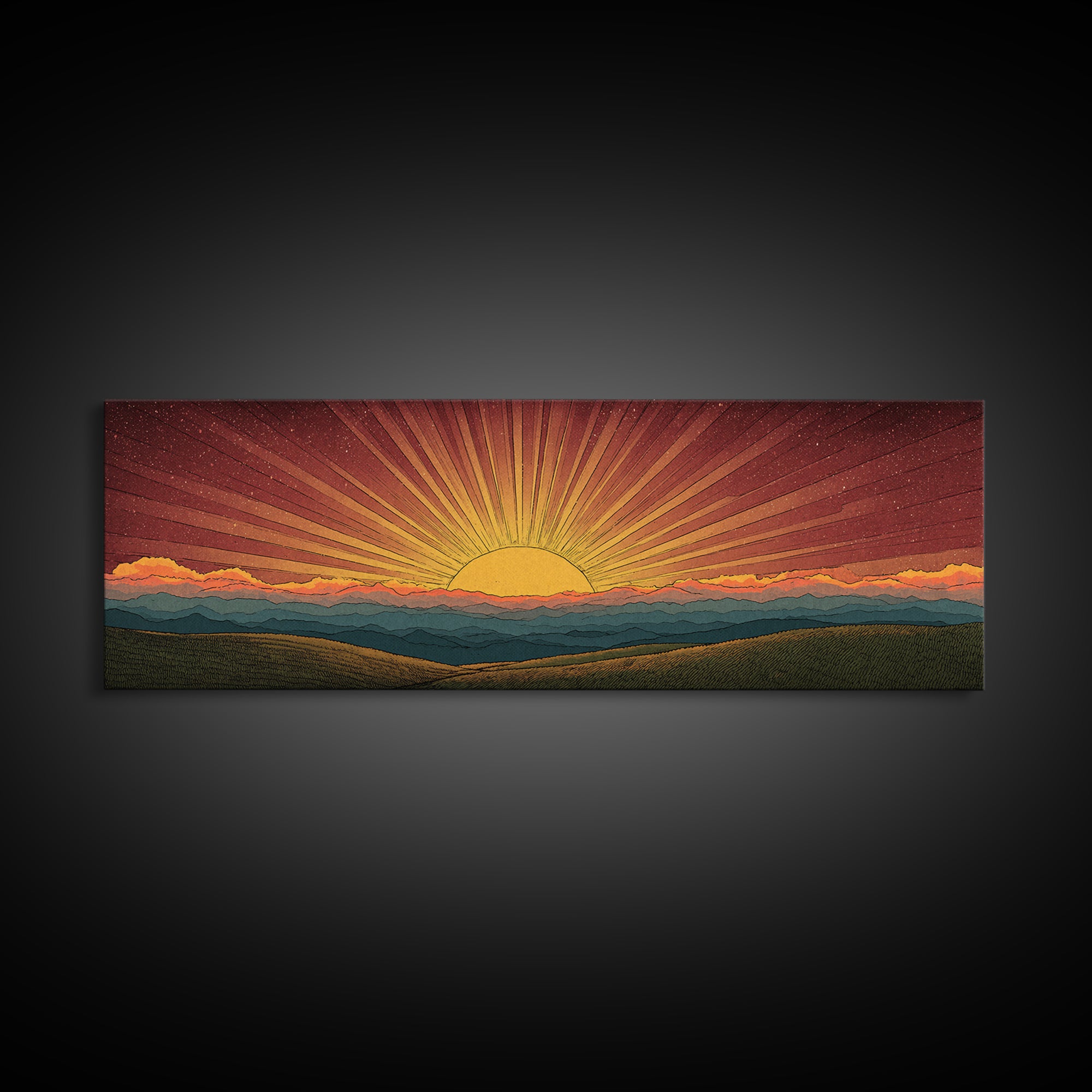 Radiant Orange Sunset Behind Blue Mountains Canvas Print, Midcentury Sun Wall Art, Retro Landscape Decor, MCM Home Poster