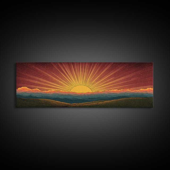Radiant Orange Sunset Behind Blue Mountains Canvas Print, Midcentury Sun Wall Art, Retro Landscape Decor, MCM Home Poster