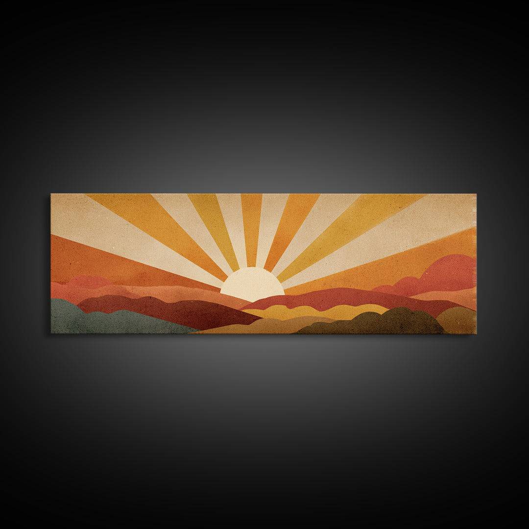 Warm Orange Sun Rays Over Abstract Hills Wall Art, Midcentury Modern Print, Retro Desert Decor, Minimalist Canvas Poster