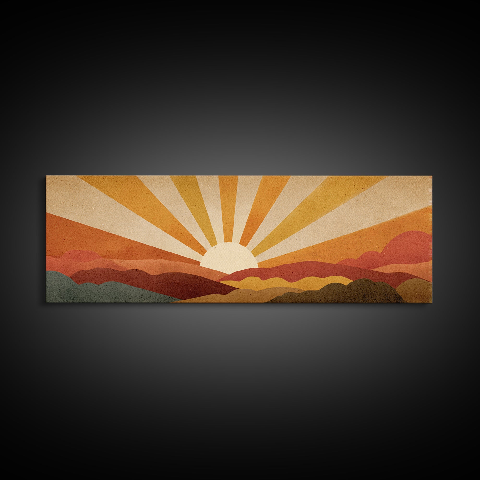 Warm Orange Sun Rays Over Abstract Hills Wall Art, Midcentury Modern Print, Retro Desert Decor, Minimalist Canvas Poster