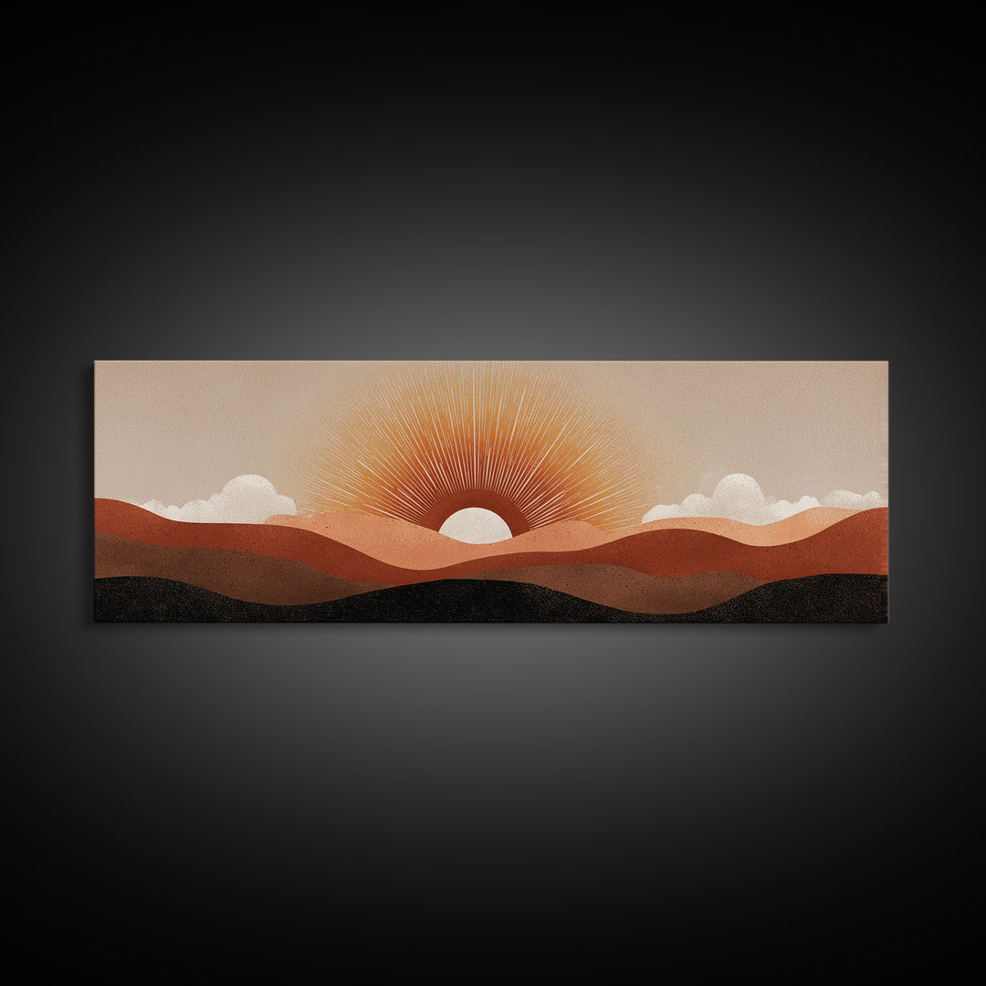 Minimalist Half Sun Over Layered Desert Hills Canvas Print, Midcentury Wall Art, Neutral Retro Decor, Boho Abstract Poster