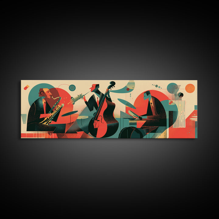 Retro Jazz Club Trio Canvas Print, Midcentury Modern Wall Art, Atomic Music Poster, Bold Abstract Colorful Living Room Decor