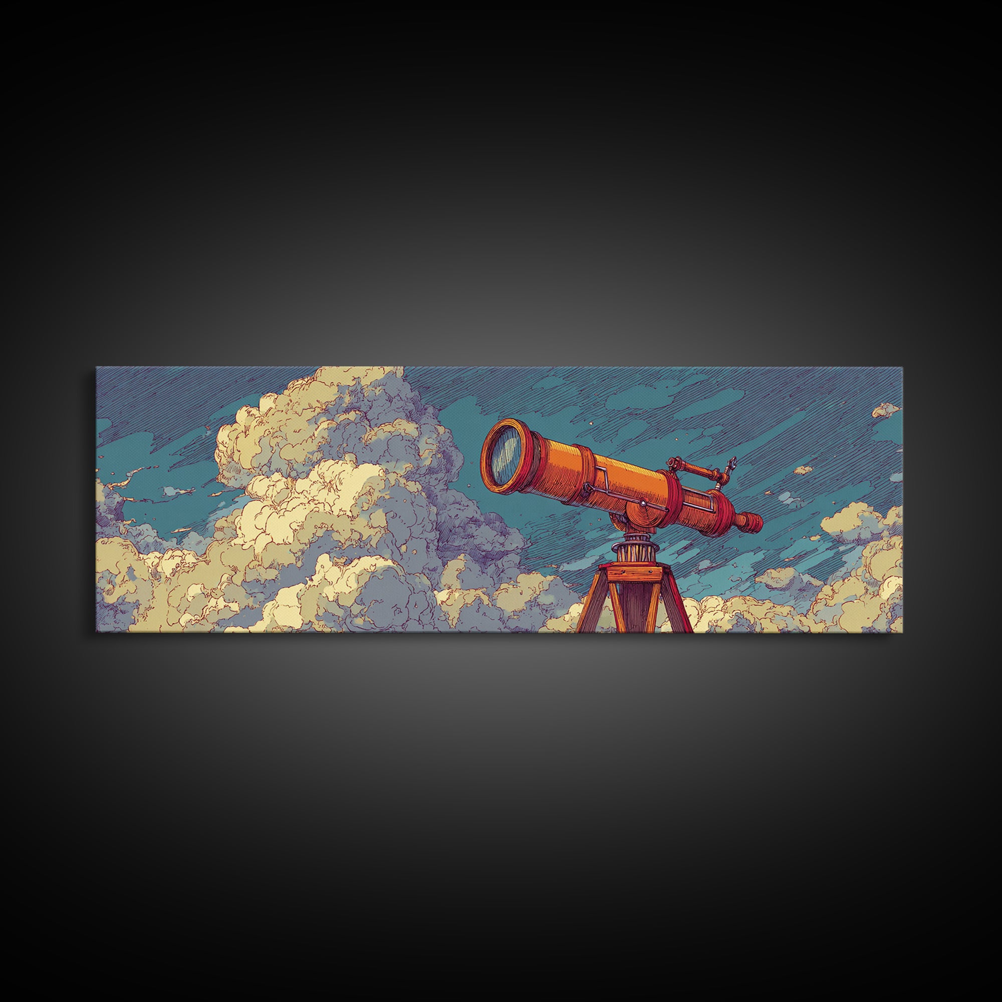 Orange Telescope In Clouds Wall Art, Retro Astronomy Poster, Midcentury Modern Art, Space Abstract Art, Office Decor, MCM Print