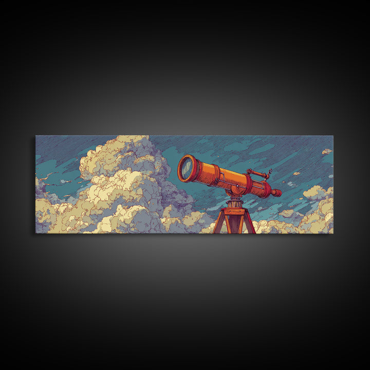 Orange Telescope In Clouds Wall Art, Retro Astronomy Poster, Midcentury Modern Art, Space Abstract Art, Office Decor, MCM Print