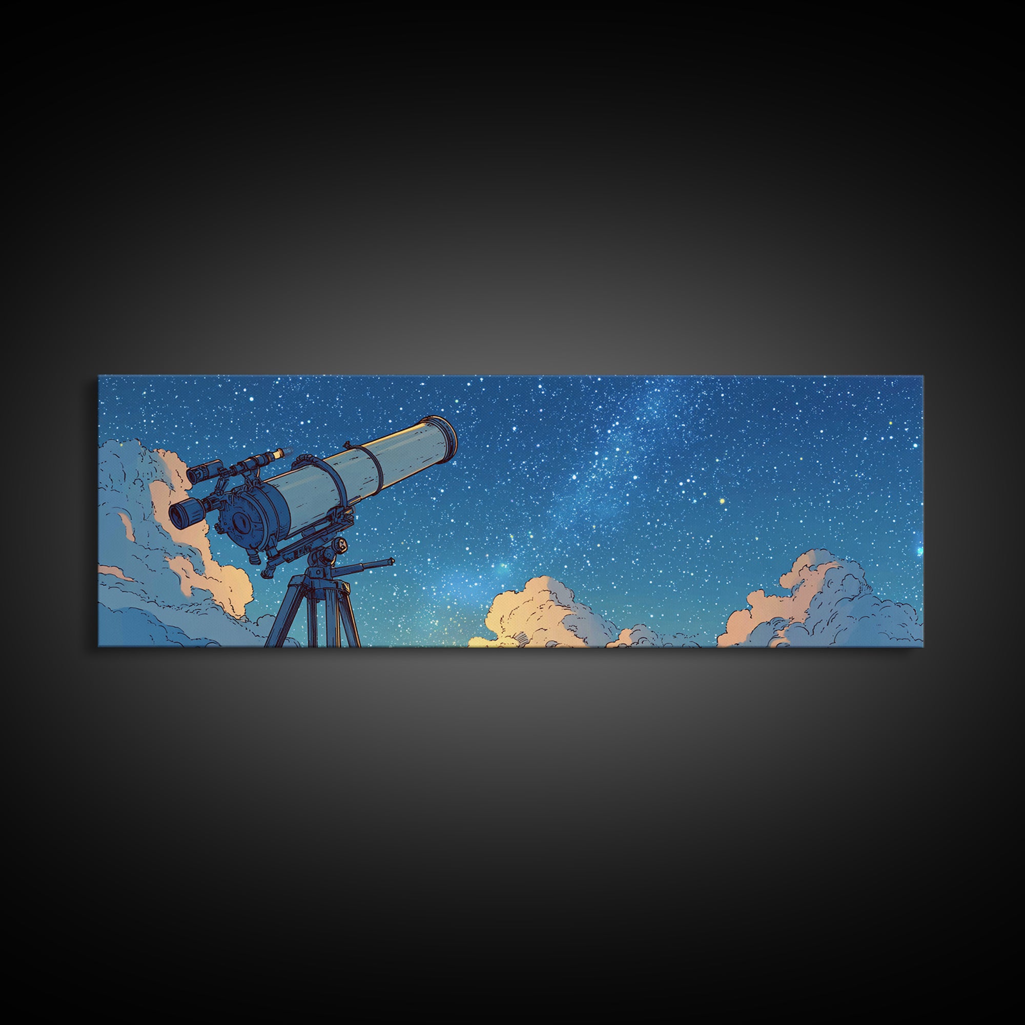 Blue Night Telescope And Stars Canvas Print, Retro Space Poster, Midcentury Wall Art, Astronomy Decor, Modern Art Print, MCM