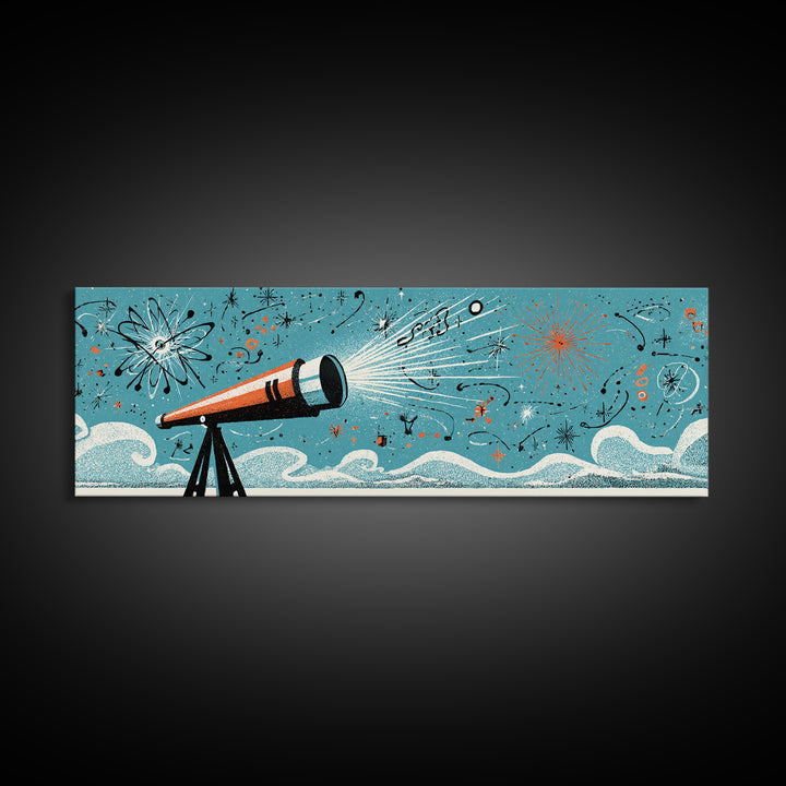 Retro Telescope Beam With Atomic Doodles Wall Art, Midcentury Modern Art, Space Poster, Geometric Wall Decor, Colorful MCM Print