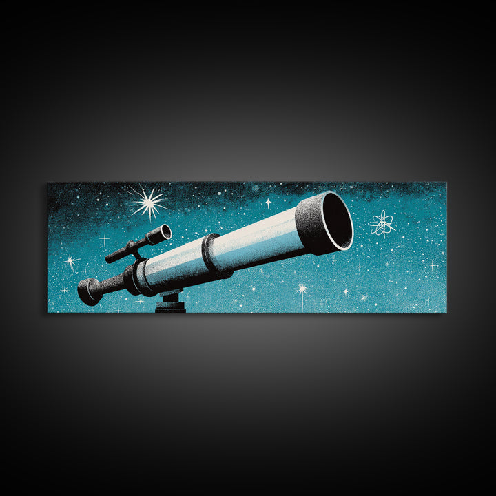 Close Up Blue Telescope Framed Canvas Print, Retro Astronomy Wall Art, Midcentury Modern Decor, Starry Space Poster, Office Art