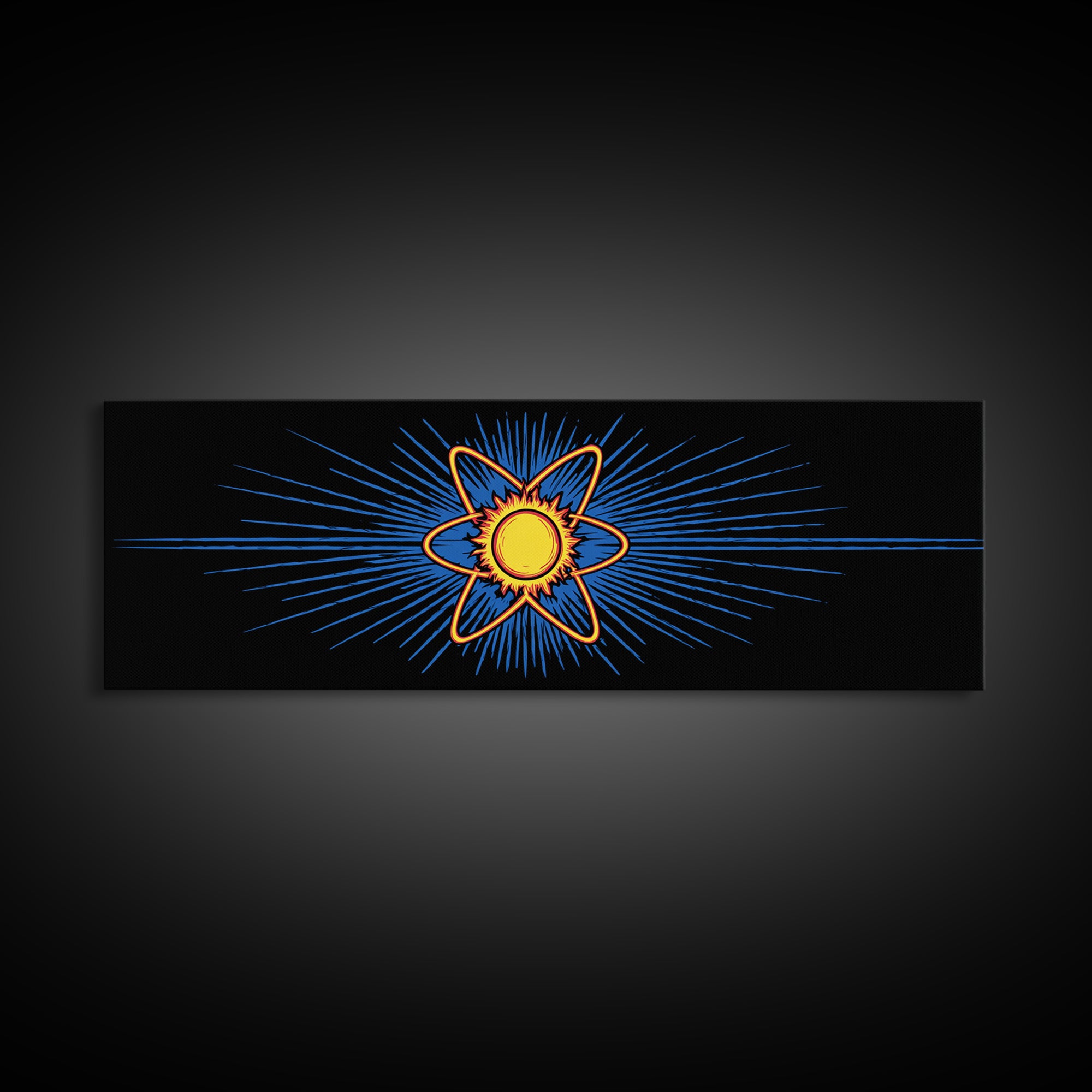 Glowing Atom With Blue Rays Wall Art, Atomic Retro Poster, Midcentury Modern Decor, Space Abstract Art, Geometric MCM Print