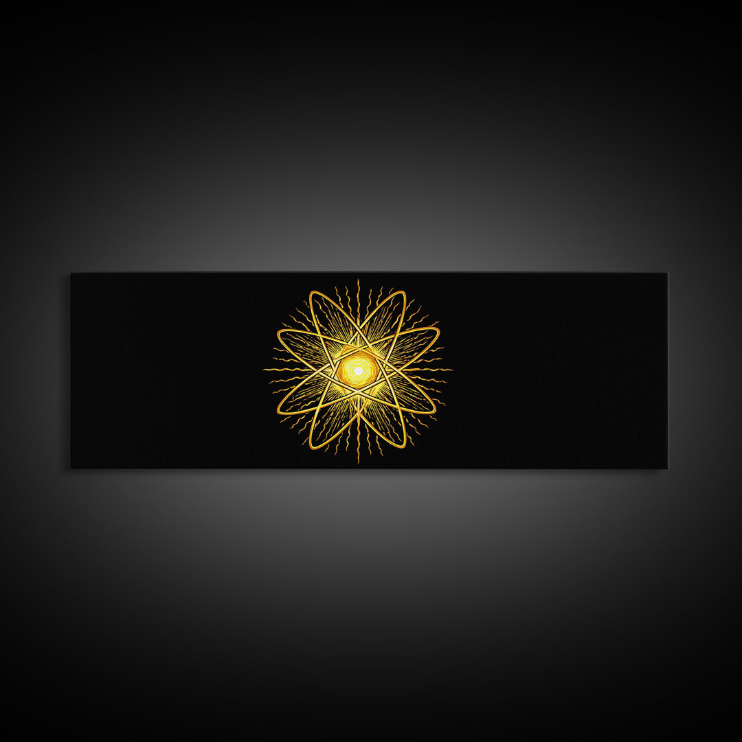 Golden Atomic Star On Black Canvas Print, Midcentury Modern Art, Retro Space Poster, Geometric Wall Decor, MCM Abstract Art