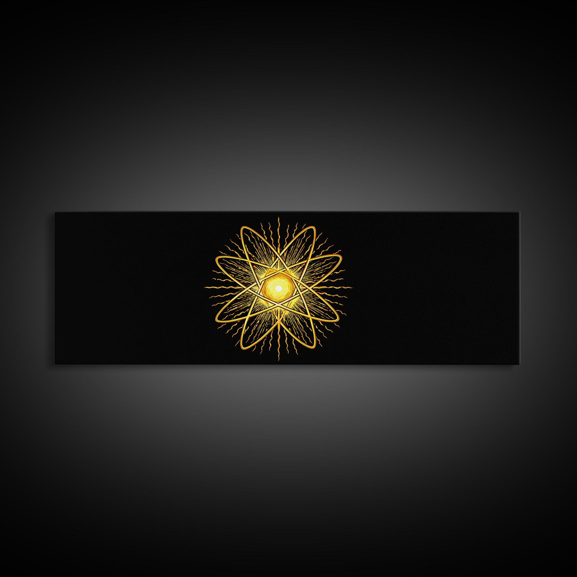 Golden Atomic Star On Black Canvas Print, Midcentury Modern Art, Retro Space Poster, Geometric Wall Decor, MCM Abstract Art