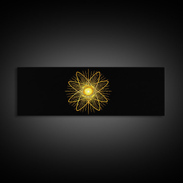 Golden Atomic Star On Black Canvas Print, Midcentury Modern Art, Retro Space Poster, Geometric Wall Decor, MCM Abstract Art