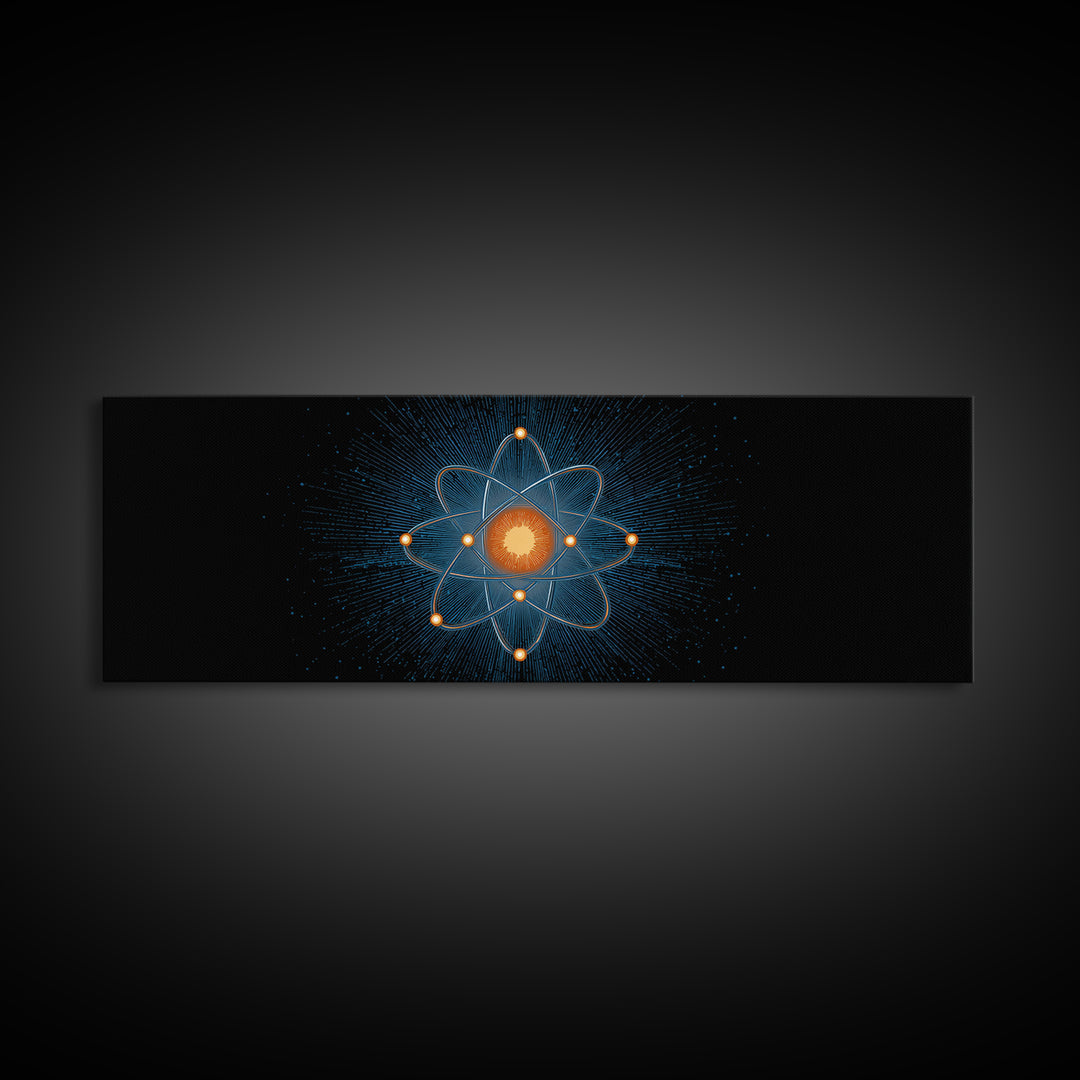 Blue Particle Atom With Orange Core Wall Art, Retro Science Poster, Midcentury Modern Decor, Space Abstract Art, MCM Print