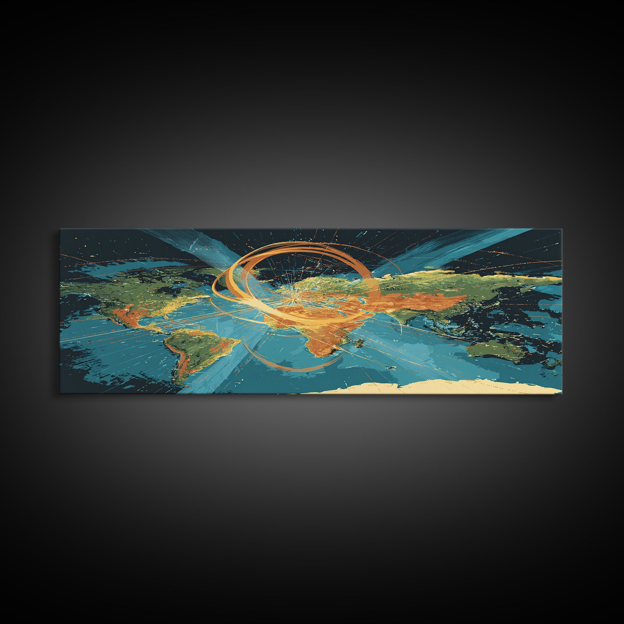 World Map With Orbital Energy Rings Framed Canvas Print, Retro Futurist Wall Art, Modern Abstract Art, Office Decor, MCM