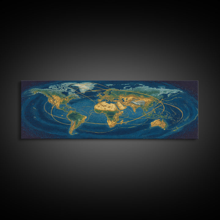 Golden World Map With Orbital Routes Wall Art, Panoramic Modern Art Print, Travel Wall Decor, Office Decor, Blue Gold Poster