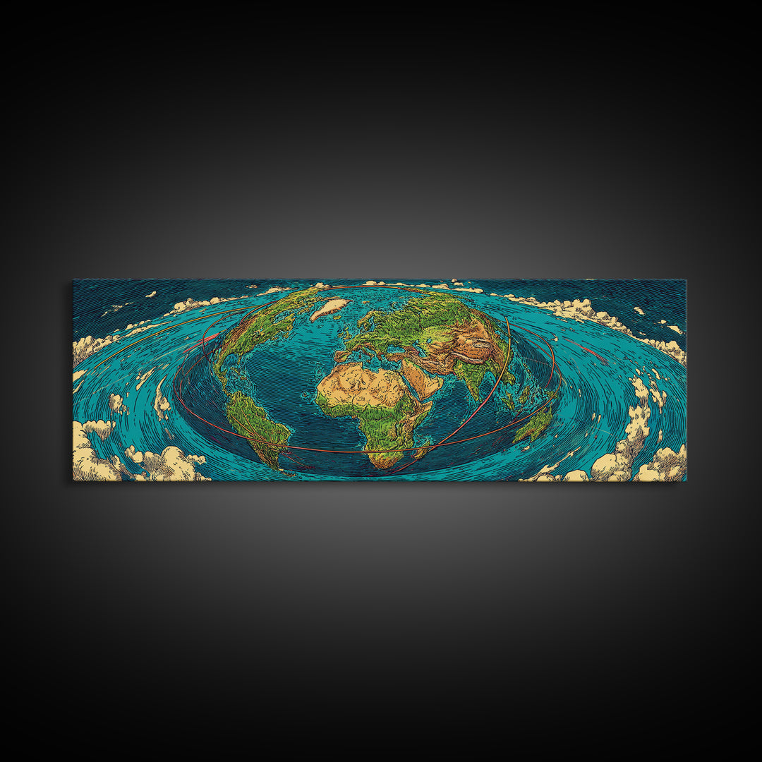 Turquoise Fisheye World Map Canvas Print, Panoramic Travel Wall Art, Modern Home Decor, Office Poster, Blue Green Artwork