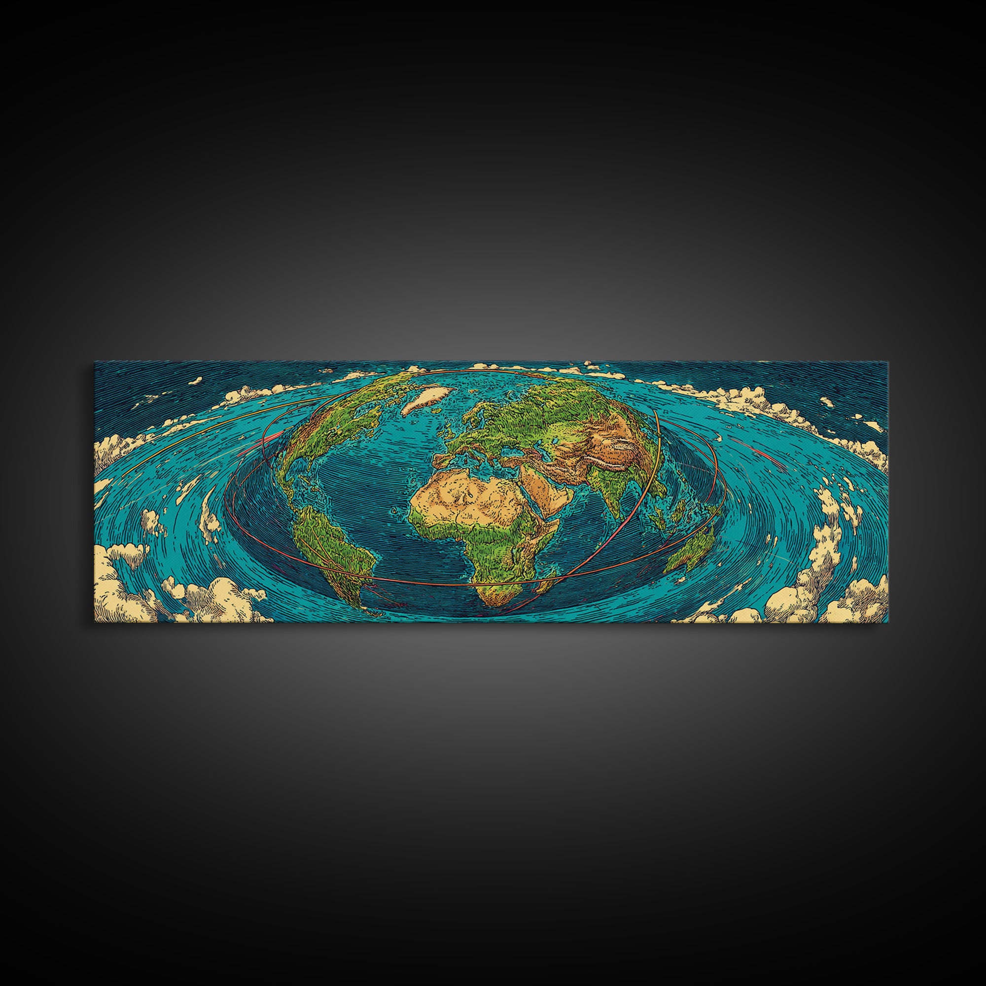 Turquoise Fisheye World Map Canvas Print, Panoramic Travel Wall Art, Modern Home Decor, Office Poster, Blue Green Artwork