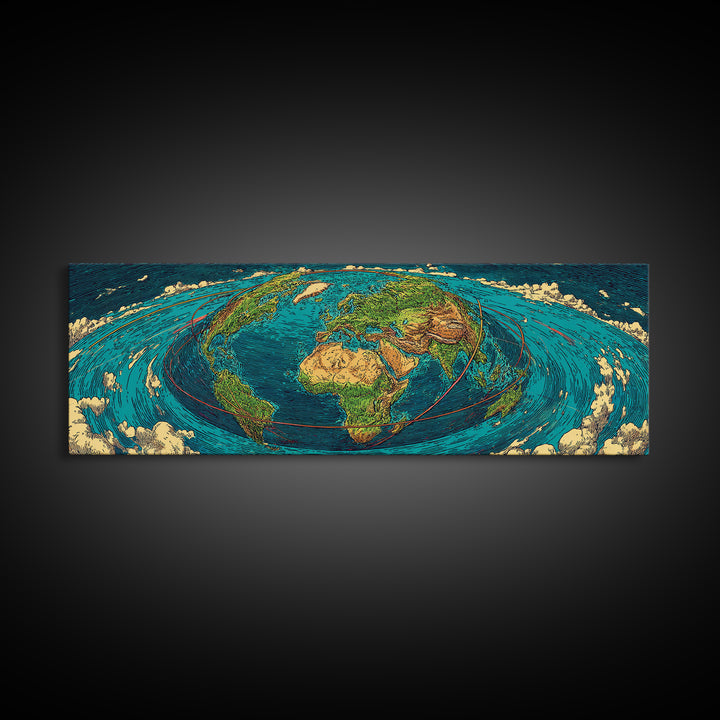 Turquoise Fisheye World Map Canvas Print, Panoramic Travel Wall Art, Modern Home Decor, Office Poster, Blue Green Artwork