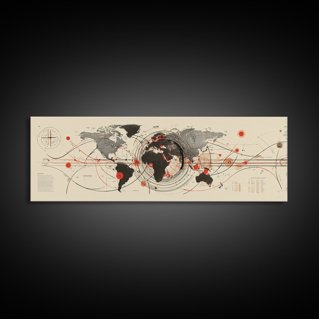 Abstract World Map With Red Orbit Lines Wall Art, Midcentury Modern Art Print, Office Decor, Home Decor, Geometric Travel Poster