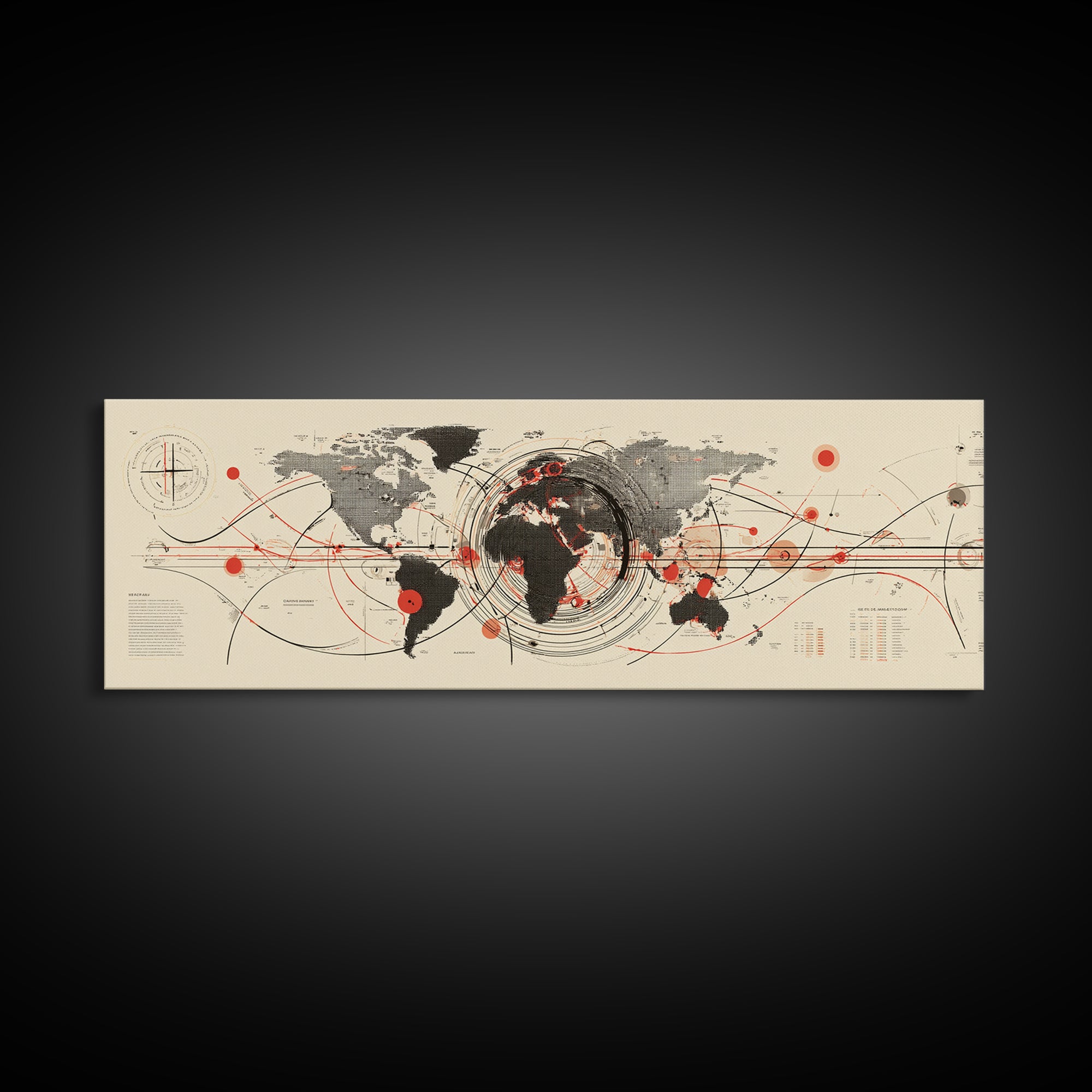 Abstract World Map With Red Orbit Lines Wall Art, Midcentury Modern Art Print, Office Decor, Home Decor, Geometric Travel Poster