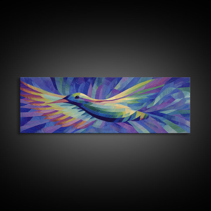 Blue Purple Hummingbird In Flight Canvas Print, Colorful Modern Wall Art, Midcentury Bird Poster, Vibrant Bedroom Decor Print
