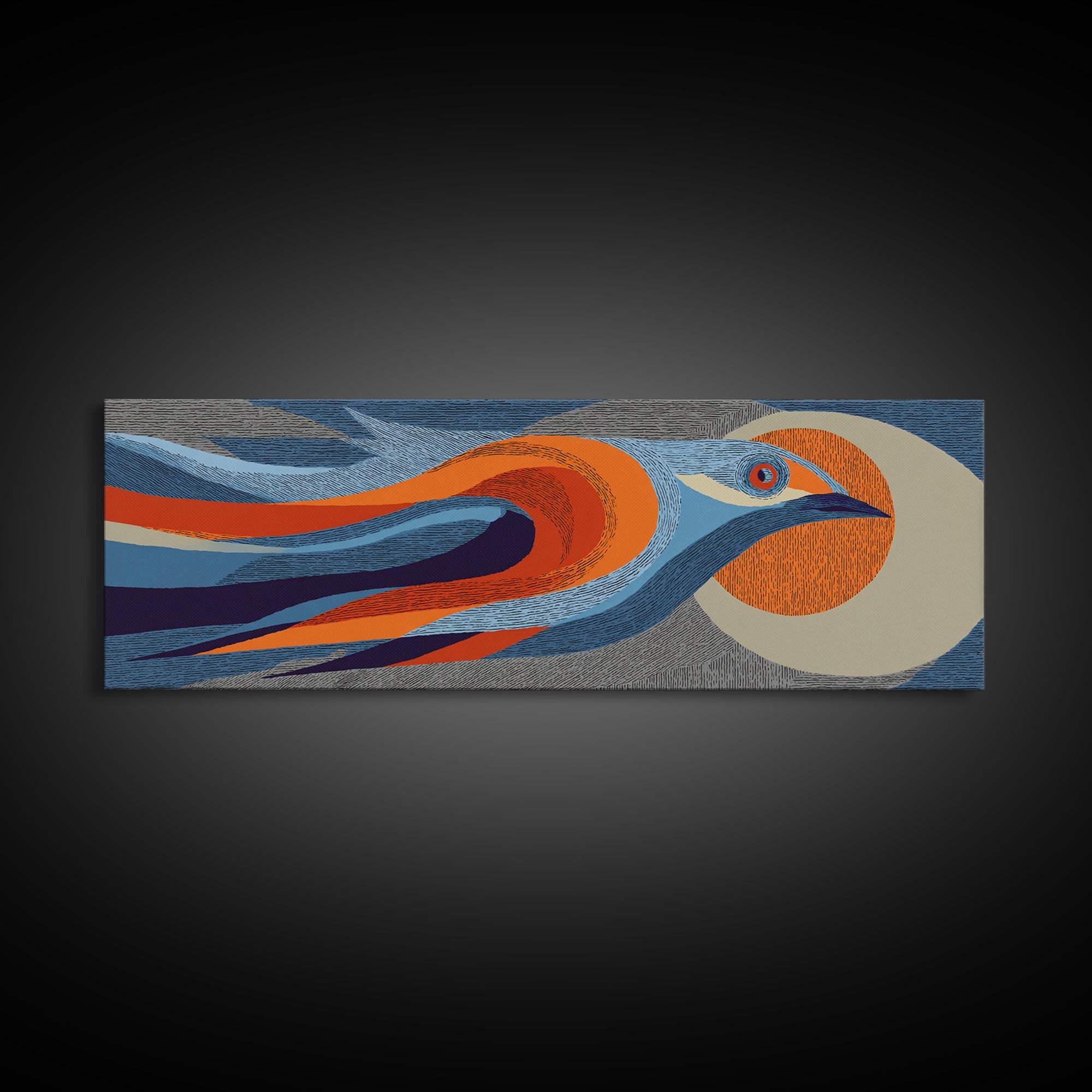 Orange Blue Streamline Bird Canvas Print, Retro Midcentury Wall Art, Geometric Wildlife Poster, Modern Home Decor For Living Room