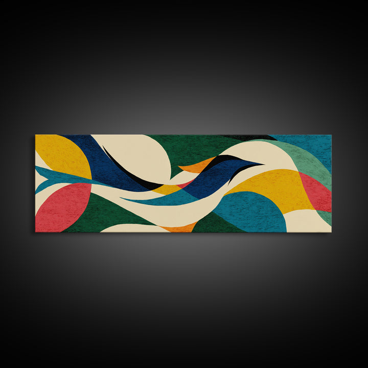 Cream Teal Abstract Flying Bird Wall Art, Midcentury Modern Canvas Print, Colorful Geometric Poster, Boho Home Decor Print Gift