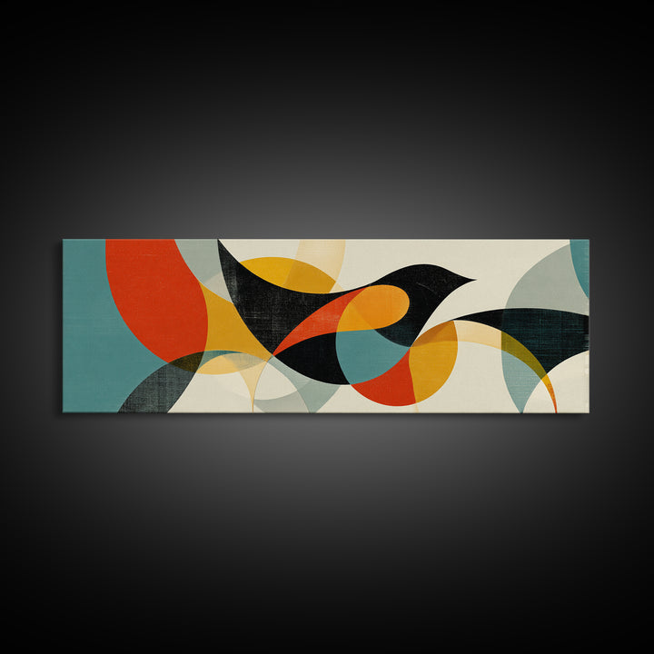 Black Bird With Transparent Circles Wall Art, Midcentury Modern Canvas Print, Abstract Geometric Poster, Retro Home Decor