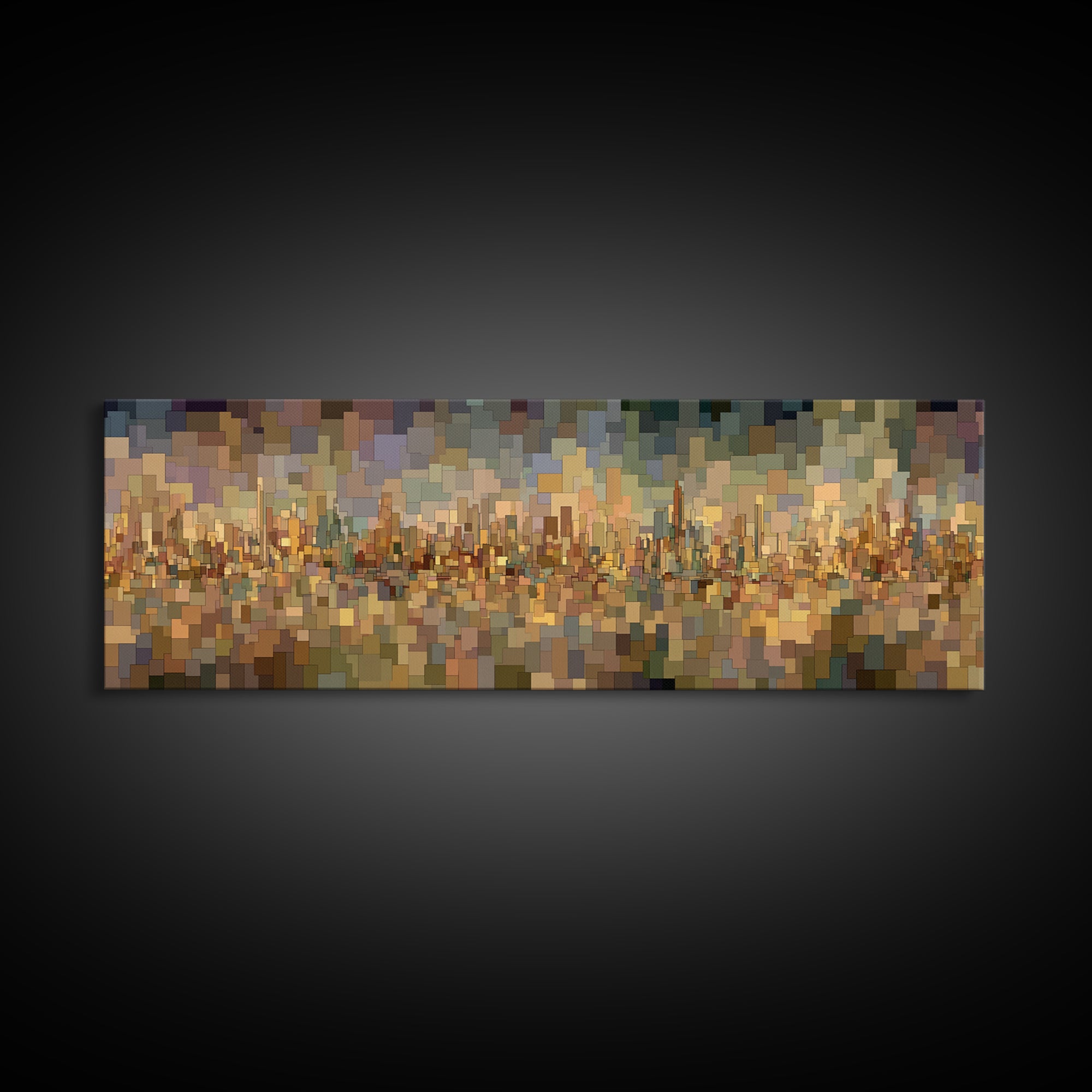 Golden Abstract City Reflection Wall Art, Modern Urban Panorama Print, Midcentury Modern Decor, Large Living Room Art Decor