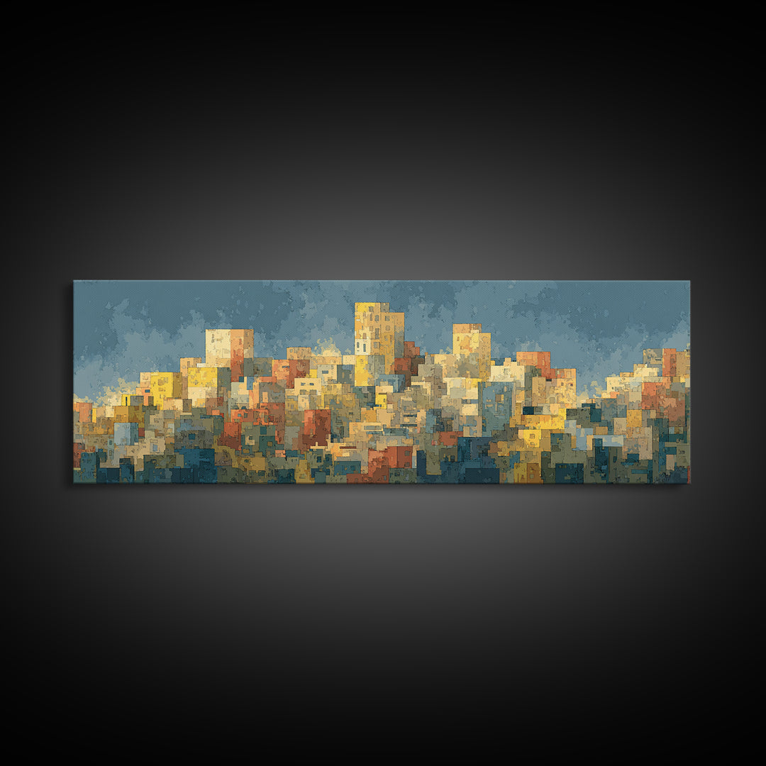 Sunlit Abstract City Skyline Wall Art, Blue And Yellow Urban Print, Midcentury Modern Decor, Living Room Office Art Decor